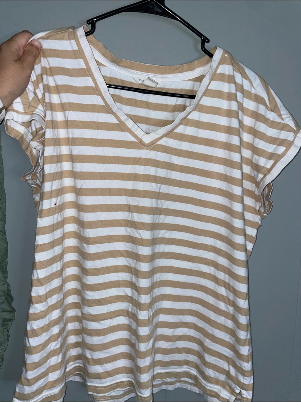 Striped V-Neck Short Sleeve Top - Beige White casual loose fit